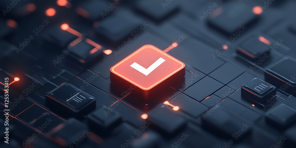 Poster Digital checkmark on circuit board. Technology concept