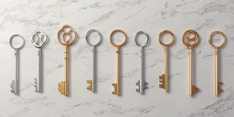 Ornate Silver and Gold Keys Displayed on Marble Surface
