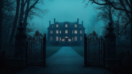 A dark, eerie mansion looms in the mist, illuminated by warm lights, surrounded by ominous trees and an inviting yet foreboding gate.