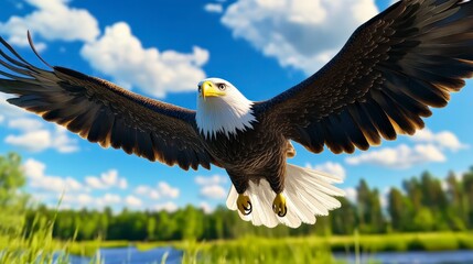 Obraz premium Detailed close up view of a pixelated bird of prey in flight against a vibrant blue sky dotted with fluffy white clouds. The bird's wings are