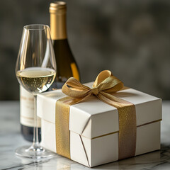 Celebrating special moments with wine and a beautifully wrapped gift on a marble surface. Generative AI