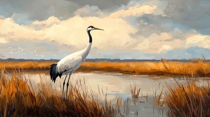 World wildlife day with conservation and awareness idea. Elegant crane standing in a serene wetland landscape.