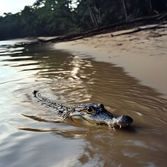 A caiman sliding into the water, barely making a sound as it disappears beneath the surface.
