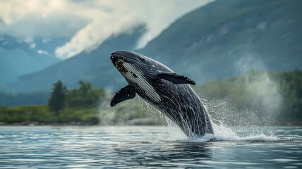 Obraz premium World wildlife day with conservation and awareness idea. A whale breaching the water with mountains in the background.