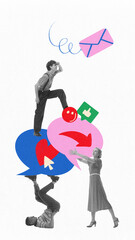 Group balancing oversized chat icons, speech bubbles and messages, illustrating teamwork in online...