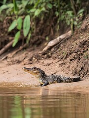 Obraz premium A caiman sliding into the water, barely making a sound as it disappears beneath the surface.