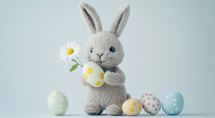 Obraz premium Easter bunny with soft fur holds a bright polka-dot egg while surrounded by pastel-colored eggs and a cheerful flower
