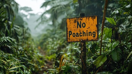 World wildlife day with conservation and awareness idea. No poaching sign in a lush, green forest environment.