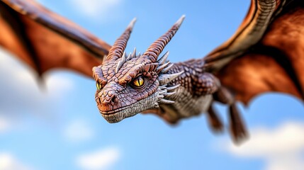 Obraz premium Close up view of a stylized mythical creature soaring through a partly cloudy sky. The creature's head and upper body are the primary focus