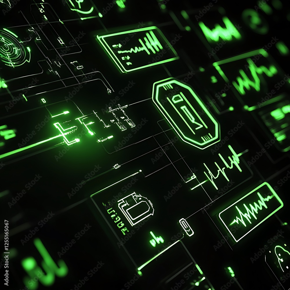 Poster futuristic digital interface with glowing green data displays