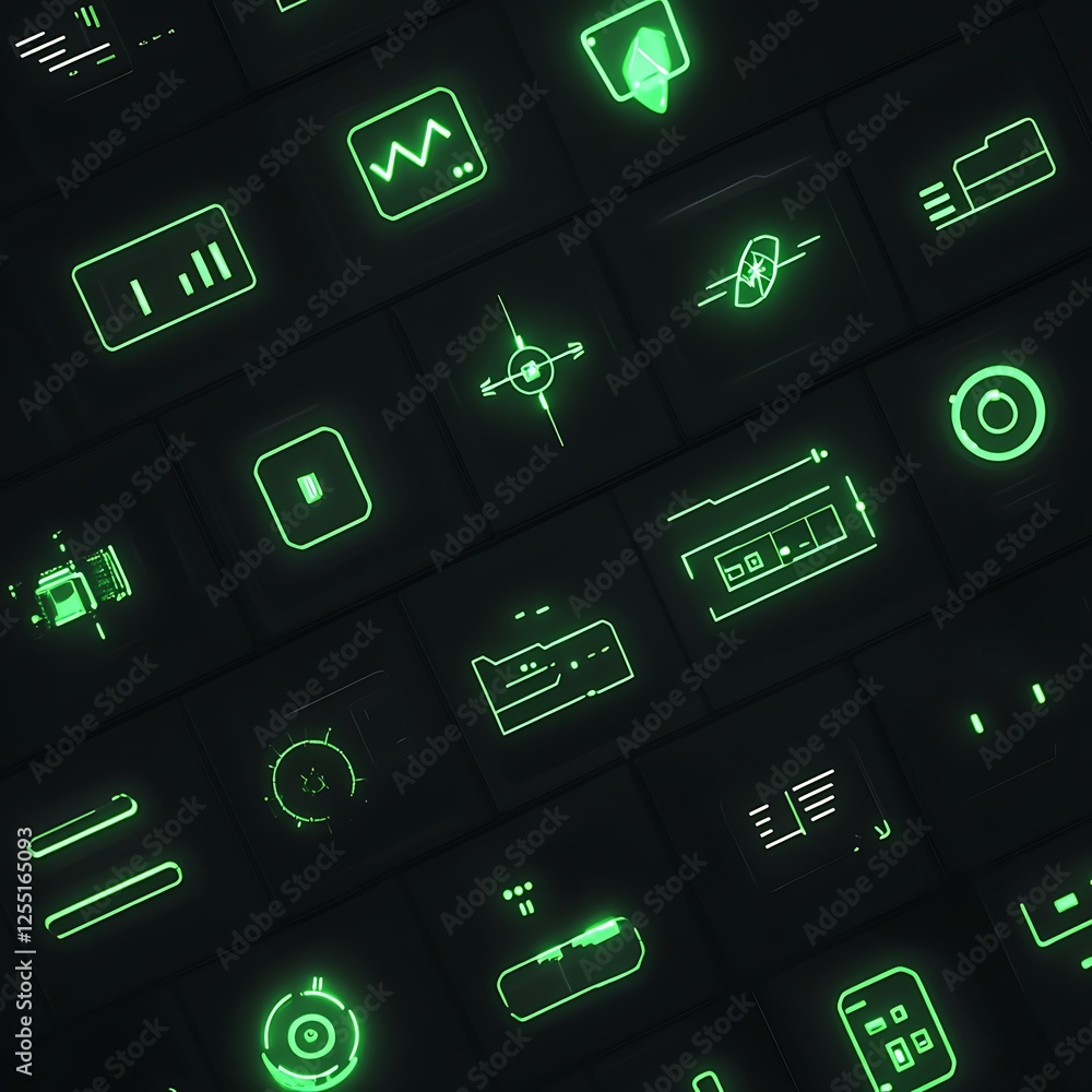 Poster futuristic interface icons grid, technology display, dark background