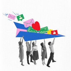 Team holding and navigating paper plane filled with digital interactions, including messages,...