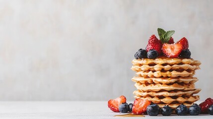 A stack of waffles topped with fresh strawberries, blueberries, and a mint leaf, set against a plain background.