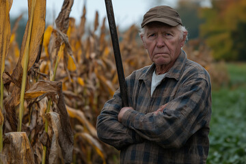 Obraz premium Elderly Farmer in Cornfield with Harvested Corn Stalks and Hoe