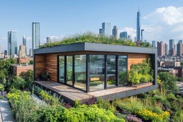A contemporary rooftop garden with a panoramic view of the city skyline