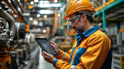 Engineer with Tablet in a Factory: An experienced engineer, fully equipped with a hard hat and protective glasses, intently examines data on a digital tablet.