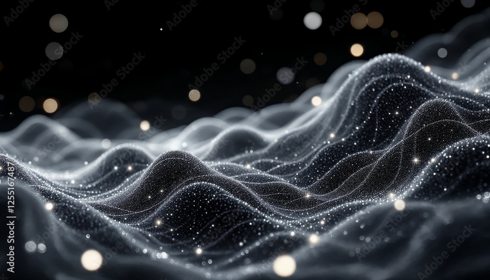 Poster abstract glacial landscape with sparkling bokeh lights and flowing waves