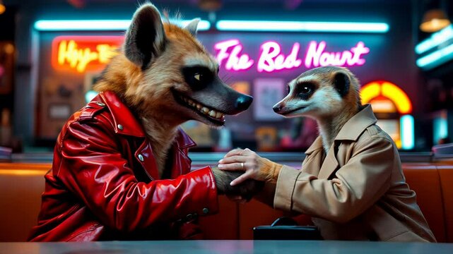 Playful interaction between hyena and meerkat in retro diner setting with neon lights