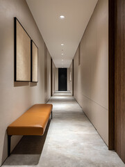 Blank pictures mockup in Modern apartment corridors, sand-coloured walls and caramel-coloured leather bench, 300dpi, 3d, interior design