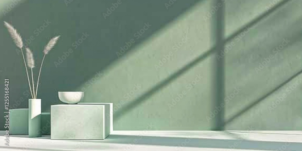 Poster a minimalist aesthetic featuring a light emerald backdrop, minimalist design elements arranged symme
