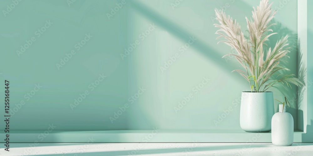 Poster a minimalist aesthetic featuring a light emerald green backdrop, minimalist design elements arranged