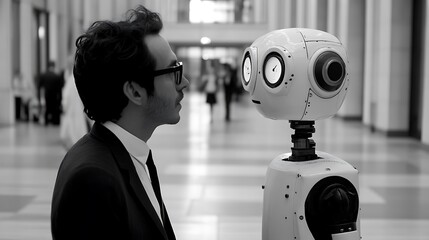 Businessman and robot face-to-face in modern hall. Possible use stock photo for AI, future, technology