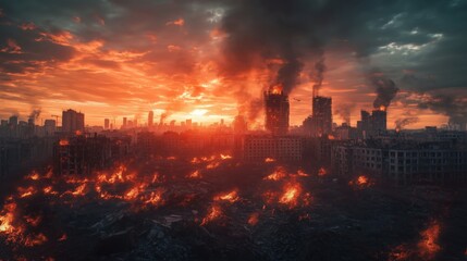 Fototapeta premium Cinematic sunset over a burning, post-apocalyptic city engulfed in flames.