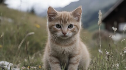 Obraz premium Cute ginger kitten in alpine meadow, mountains background, pet portrait