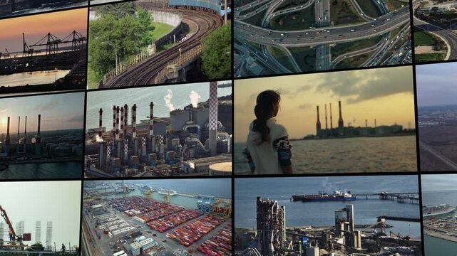Video collage of industrial landscapes of environmental pollution. Emission of gases, global warming, air pollution by factories, ports and power plants. High quality 4k footage