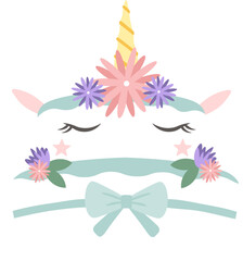 Obraz premium Unicorn face featuring closed eyes, a shimmering golden horn, and adorned with pink and purple flowers, leaves, stars, and a light blue bow, is peacefully sleeping