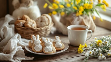 A cozy German Easter kitchen with a plate of bunny sugar cookies, a steaming mug of spiced tea, and fresh wildflowers