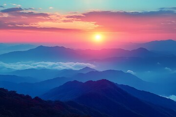 Obraz premium Serene Mountain Sunrise Landscape with Vibrant Sky and Rolling Hills