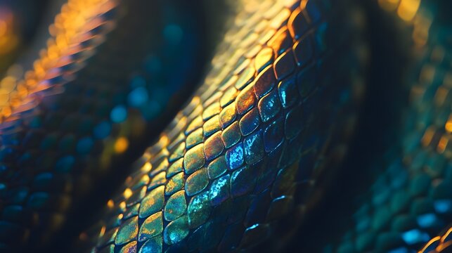 A close-up of a snake&rsquo;s scales, showing the iridescent shimmer under the soft jungle light.