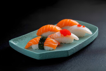 Japanese sushi platter with minimal composition, popular grey-green matte tray, isolated on black, 300dpi, 3d, empty copy space