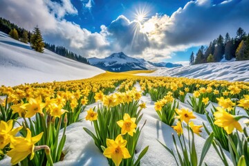 Aerial view: a vibrant carpet of daffodils bravely blooming amidst lingering snow.