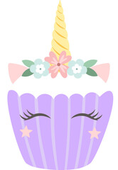 Charming cartoon illustration featuring a cute purple unicorn cupcake adorned with a floral crown and a golden horn, perfect for enhancing children s designs and celebrations
