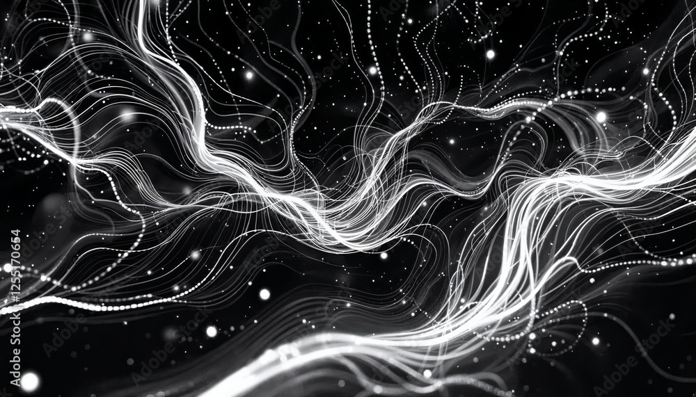 Poster abstract luminous filaments on dark backdrop creating a sense of ethereal movement