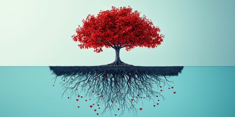 Red Tree Flourishing with Heart-Shaped Leaves Above Teal Surface