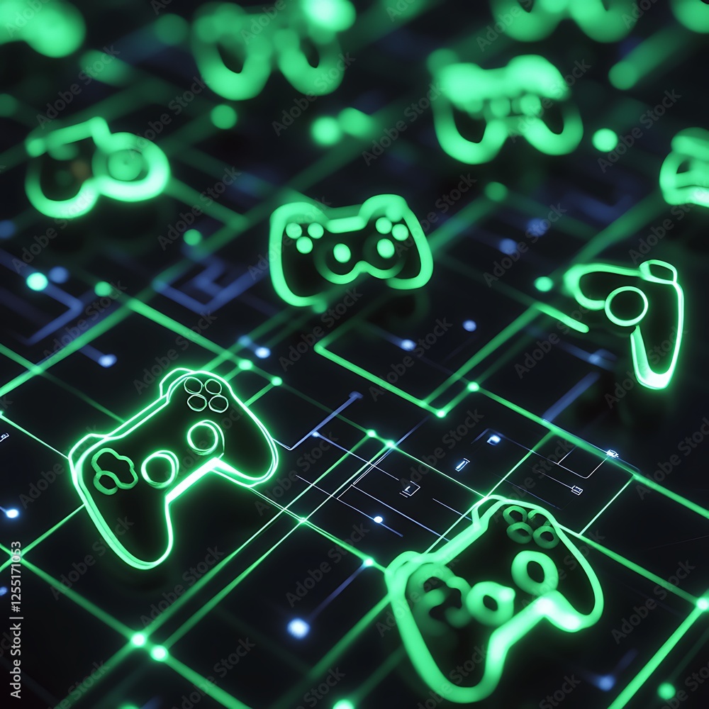 Poster Illuminated game controllers on circuit board background. Possible use for gaming or technology
