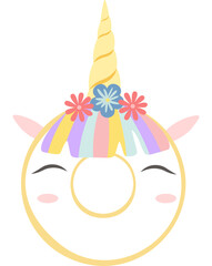 Unicorn donut with colorful icing and flowers winking happily on a white background, ideal for children s designs, prints, stickers, and other creative projects