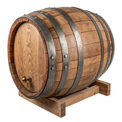 Wooden barrel with metal hoops isolated on transparent background, png