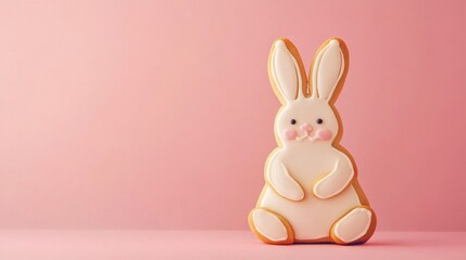 Obraz premium A single bunny sugar cookie with elegant piped details, standing upright against a solid pastel pink backdrop