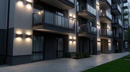 Obraz premium Modern apartment building exterior at night, walkway, green lawn