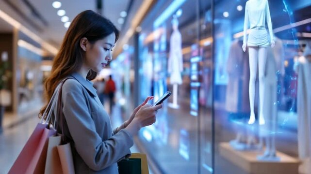 Young woman shopping with smartphone near illuminated storefront, urban lifestyle concept