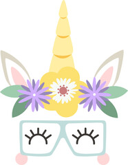 Adorable unicorn face featuring a yellow horn, a crown of purple and yellow flowers, and stylish glasses with closed eyes, creating a whimsical and charming design