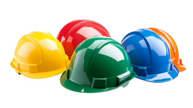 Colorful Construction Helmets Array: Dynamic Safety Gear in Vibrant Red, Green, Yellow, and Blue for Industrial and Occupational Work Environments