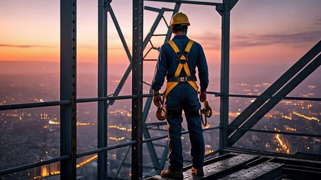 Construction Worker in Safety Gear Standing on a Steel Structure Overlooking a City Skyline at Sunset from High Altitude

