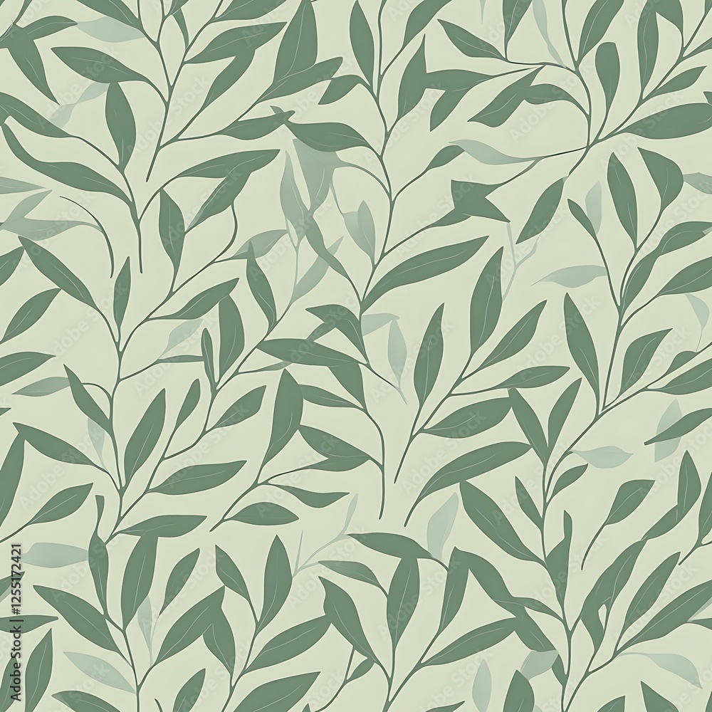 Poster seamless pattern of light sage green leaves and stems