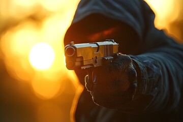 Dramatic Scene with Hooded Figure Holding a Gun at Sunset