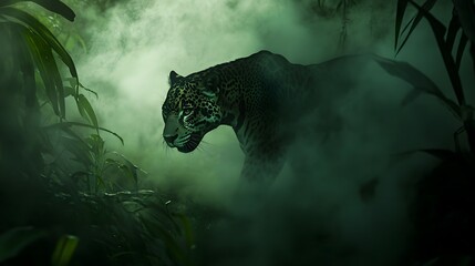 A dense fog creeping through the jungle, a shadowy figure of a jaguar barely visible.